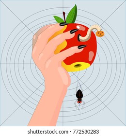 The hand holds apple with a worm