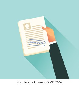Hand holds approved paper document. Vector illustration in flat design style.