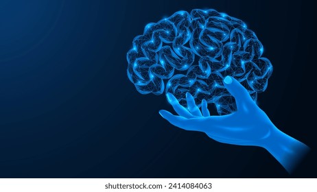 Hand holds an artificial brain. Polygonal design of lines and dots. Blue background.
