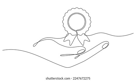 Hand holds award badge continuous one line drawing. Vector illustration isolated on white.