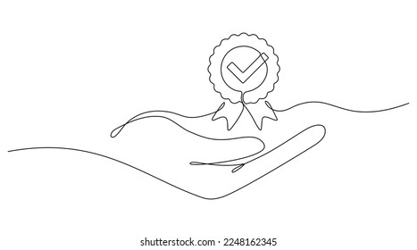 Hand holds award badge continuous line drawing. Approval check sign. Vector illustration isolated on white.