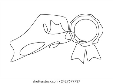 Hand holds award badge continuous one line drawing. Vector illustration isolated on white.	
