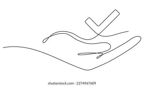 Hand holds award checkmark sign continuous line drawing. Approval check symbol. Vector illustration isolated on white.