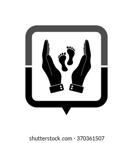 hand holds baby leg - black vector icon; map pointer;  message bubble