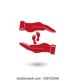 hand holds baby leg - red vector  icon with shadow