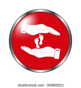 hand holds baby leg - vector icon on  the red button