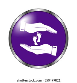hand holds baby leg - vector icon; violet button
