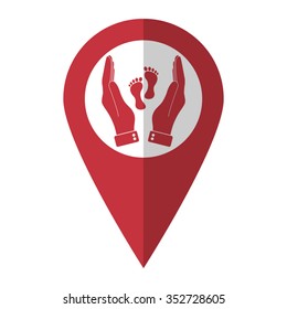 hand holds baby leg - vector icon; red map  pointer
