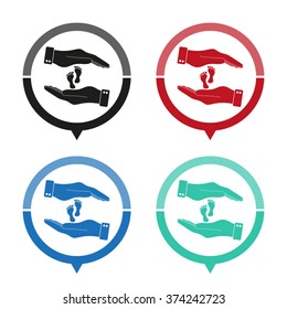 hand holds baby leg - vector icon; map pointer;  message bubble