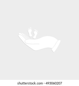 hand holds baby leg - white vector  icon with shadow