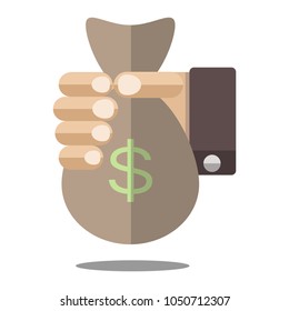 hand holds the bag with an icon of a dollar. flat design. vector