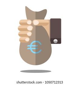 hand holds the bag with an icon of a euro. flat design. vector