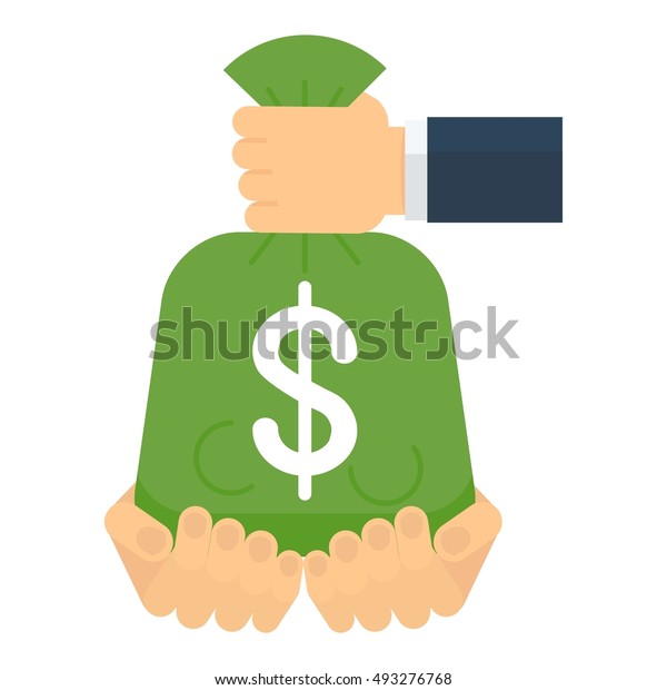 Hand holds bag of money. Concept of a bank\
loan. Flat cartoon loan money illustration. Objects isolated on a\
white background.