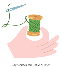 a mão segura uma bola de fio com uma agulha de costura. Preparação para costura. Ilustração em cores planas. Hobby, trabalho manual, agulha. Trabalho com agulhas, hobbies criativos favoritos. Profissão, trabalho, esforço criativo