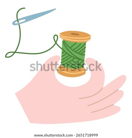 hand holds a ball of thread with a sewing needle. Preparing for sewing. Flat color illustration. Hobby, handwork, needlework. Needlework, favorite creative hobbies. Profession, work, creative endeavor