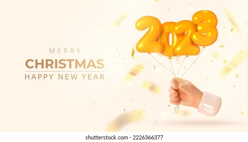 Hand holds balloons 2023. Christmas new year. Bright banner or poster in a realistic 3d style, realism. Vector illustration