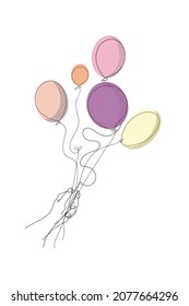 Hand holds balloons. Black continuous line drawing on a white background with balloons of purple, pink, orange colors, concept for logo, label, symbol, card, banner, poster, flyer
