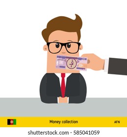Hand holds banknote in front of man's face. Afghani banknote vector illustration.