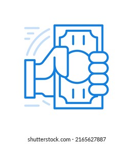 
Hand holds banknote vector line icon. Cash to pay for services and purchase. Investing financial investments in profitable business. Commercial savings and foreign exchange transactions.