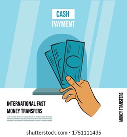 Hand holds banknotes. Box office window. The concept of international money transfers.
