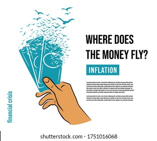 Hand holds banknotes. Money dispersing into a cloud of birds. The concept of the financial crisis.
