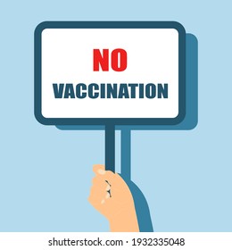 A hand holds a banner with the text "No vaccination". Refusal to vaccinate. Civil position. No vaccinations. Vector illustration.