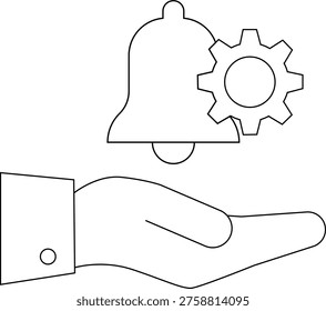 A hand holds a bellshaped notification icon accompanied by a gear symbol