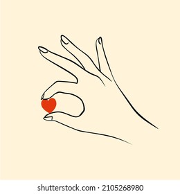 The hand holds between the fingers a small red heart, showing his love for a loved one. Vector illustration for Valentine's Day.