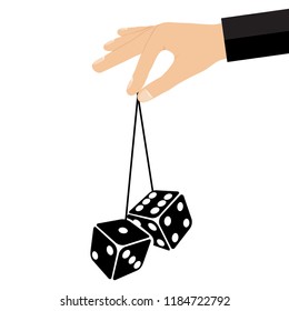 Hand holds the big dice. Black and white vector illustration. Flat design