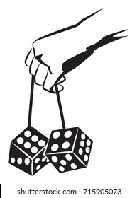 Hand holds the big dice. Black and white vector illustration