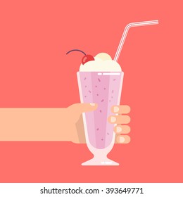 Hand holds a big glass with a milkshake with a whipped cream, with a straw and a cherry. Isolated vector illustration flat design.