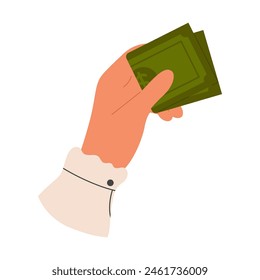 Hand holds bills folded in half. Cash currency. Paper dollar banknote