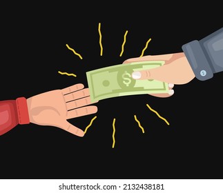 Hand Holds Bills for Pay something. Drawing on Black background