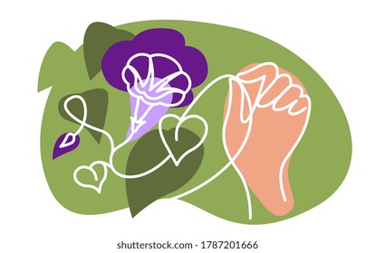 hand holds bindweed flower, linear one-color drawing, colored spots