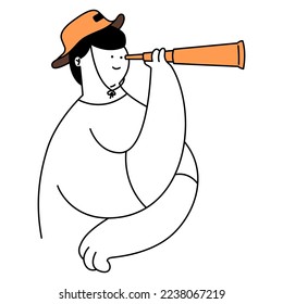 Hand is holds binoculars and looking for For opportunity, decision making, forward looking people, choosing a direction of development. Thin line vector illustration on white