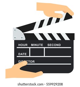 Hand holds black open clapperboard. Movie clapper board. Movie logo. Flat vector cartoon illustration.