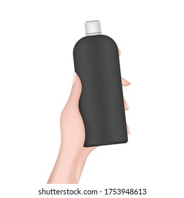 La mano sostiene una botella de plástico negro. Mano femenina realista con una botella. Es bueno para champú o gel de ducha. Aislado. Vector.