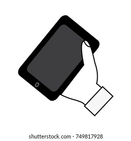 A hand holds a black smartphone on a white background. Vector illustration