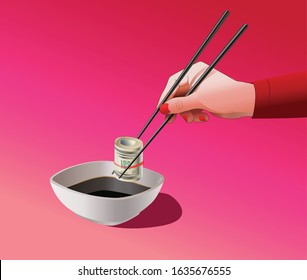 The girl’s hand holds black wooden chopsticks rolled up money, like sushi and puts them in a white plate with soy sauce. Japanese tradition. Creative concept. Vector graphics. Isolated objects. 3d