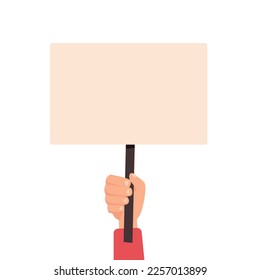 Hand holds blank placard isolated on white background. Protest sign concept. Vector stock