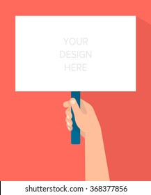 Hand holds a blank poster. Communication, message, business concept. Template for your design. Isolated vector illustration flat design.