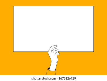 Hand holds a blank poster with place for your text. Vector illustration