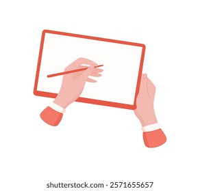 A hand holds a blank tablet ready for drawing. The simple art displays a digital device perfect for creative applications. Engaging with this empty screen drives artistic expression and modern