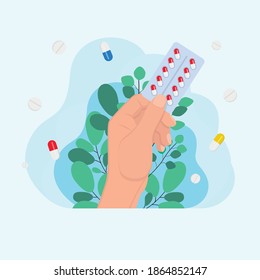 hand holds blister tablets pack of pills capsules, medicine concept, disease treatment concept. Injection syringe. Medicine healthcare concept. Medical background