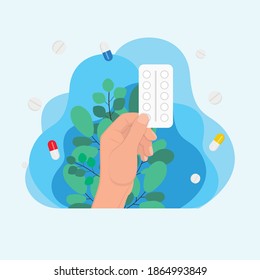 hand holds blister tablets pack of pills capsules, medicine concept, disease treatment concept. Injection syringe. Medicine healthcare concept. Medical background