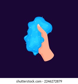 Hand holds blue sticky slime toy, cartoon flat vector illustration isolated on dark background. Homemade slime drawing. Kids playing with elastic gooey toy.