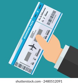 A hand holds a boarding pass on a blue background in a flat design style