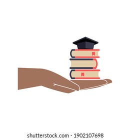 The hand holds the books and the cap of the graduate, the concept of training, educational courses. Logo, badge, sign, emblem, education symbol. Isolated vector illustration