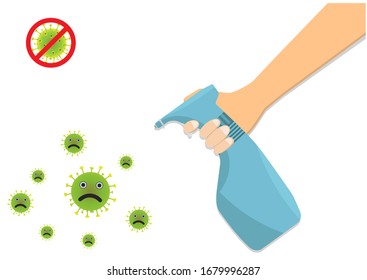 Hand holds bottle of antiseptic spray kill virus or bacteria. Vector flat design.