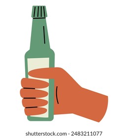 A hand holds a bottle of beer.